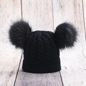 Black Woolen Hat with pompons on top